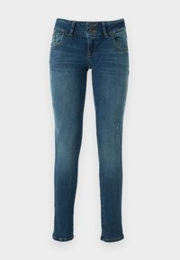 Skinny blue denim jeans with a faded finish, two-button closure, five pockets, and slightly distressed detailing near the knees.