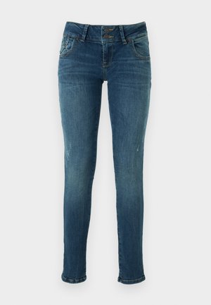 Skinny blue denim jeans with a faded finish, two-button closure, five pockets, and slightly distressed detailing near the knees.