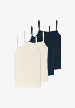 Zwei beige und zwei marineblaue Spaghettiträger-Camisole, abwechselnd in Farben auf einem weißen Hintergrund angeordnet.