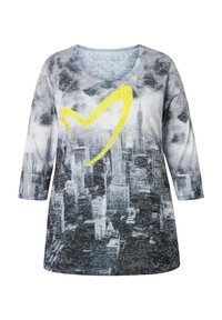 Graues Langarmshirt mit einem Stadtlandschaftsprint und einem gelben Herzdesign mit Strasssteinen, rundem Halsausschnitt und lässiger Passform.