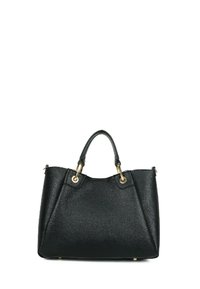 Borsa a spalla nera con superficie testurizzata, hardware in tonalità oro, doppi manici e forma strutturata. Presenta un ampio interno e una base piatta.