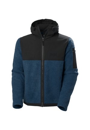 Fleece hoodie met een blauwe romp, zwarte schouder en capuchon, rits aan de voorkant, en zijzak met rits, voorzien van een gestructureerde stof.