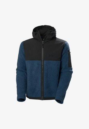 Fleece hooded jacket with a blue body, black shoulder and hood, zip front, and side pocket with zipper, featuring textured fabric.