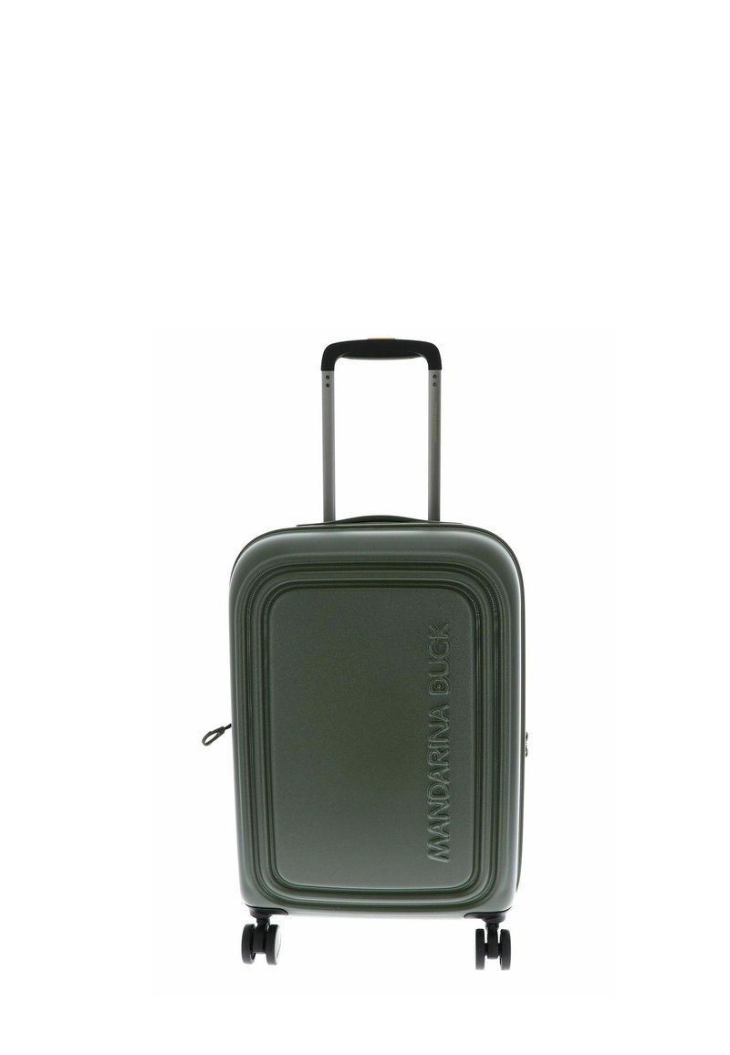 Valise rigide vert foncé avec quatre roues et une poignée télescopique extensible, embossée avec "MANDARINA DUCK" à l'avant.