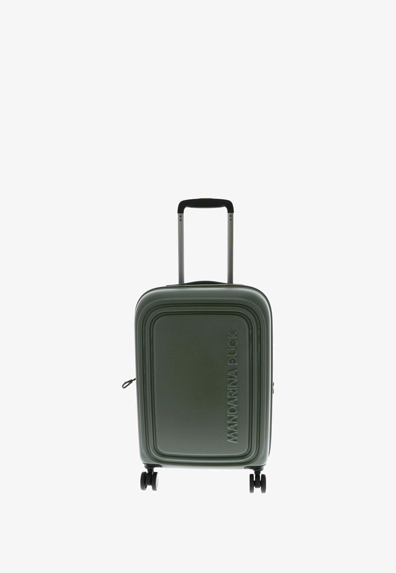 Valise rigide vert foncé avec quatre roues et une poignée télescopique extensible, embossée avec "MANDARINA DUCK" à l'avant.