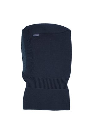 Dark blue knitted balaclava with ribbed sections around the neck and face opening, designed for cold weather.