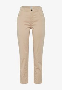 Beige bukser med lige ben, foran med knap og lynlås, bæltestropper og forlommer, vist på en ensfarvet baggrund.