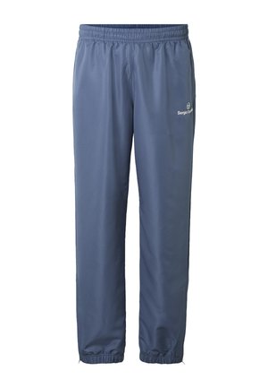 Blaue Jogginghose mit elastischem Bund und Bündchen, leichtem Stoff und einem kleinen weißen "Sergio Tacchini"-Logo am rechten Oberschenkel.