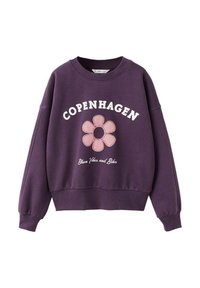 Lila Crewneck-Sweatshirt mit dem Text "KOPENHAGEN", einem pink karierten Blumenmotiv und dem Schriftzug "Bloom Vibes and Bikes" auf der Vorderseite.