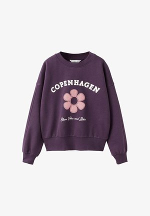 Sweatshirt violet à col rond avec le texte "COPENHAGUE", un graphique de fleur à carreaux roses et le script "Bloom Vibes and Bikes" à l'avant.