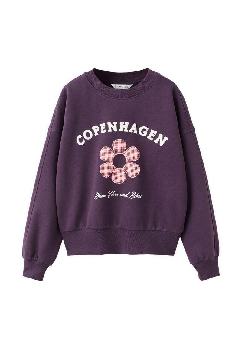 Lila Crewneck-Sweatshirt mit dem Text "KOPENHAGEN", einem pink karierten Blumenmotiv und dem Schriftzug "Bloom Vibes and Bikes" auf der Vorderseite.
