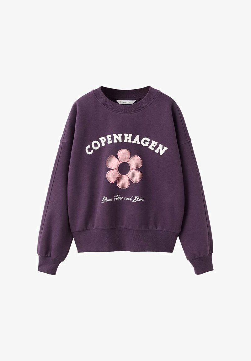 Lila Crewneck-Sweatshirt mit dem Text "KOPENHAGEN", einem pink karierten Blumenmotiv und dem Schriftzug "Bloom Vibes and Bikes" auf der Vorderseite.