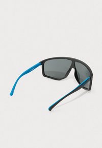 Occhiali da sole neri avvolgenti con lenti scure e aste blu, con il logo "ARNETTE" sulle tempie.
