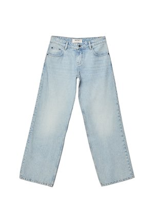 Light blue denim jeans with a wide-leg design, five pockets, and a button closure. Features a faded finish and sturdy stitching.