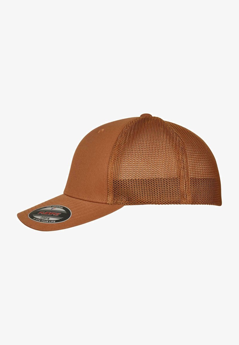 Brown cap with a solid front panel and mesh back. Features a curved brim and a black logo sticker on the visor. Textured surface.