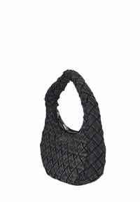 Borsa a tracolla in tessuto nero intrecciato con manico tondo e chiusura con zip, caratterizzata da un piccolo logo del marchio impresso sul davanti.