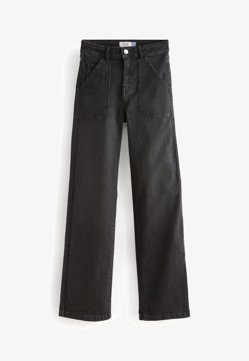 Czarne szerokie jeansy z denimu, z wysokim stanem, dwiema przednimi kieszeniami i zamkiem błyskawicznym. Proste linie bez widocznego postarzania.