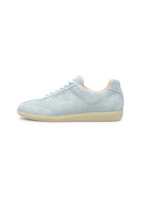 Light blue suede sneaker with a textured finish, lace-up design, and a rubber sole. Includes a logo on the side and a padded collar.