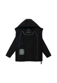 Sort hættejakke lagt fladt ud og åben, der viser det indvendige mesh-foer, indvendig lynlåslomme, refleksbånd og mærkelabel "MARIKOO".