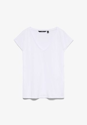 Fehér, rövid ujjú póló mély V-nyakkal, puha pamut anyagból készült, laza szabással és tiszta varrásokkal.