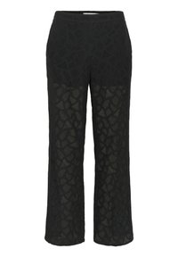 Svarta spetsbyxor med ett mönstrat design, vida ben och en mjuk midja, med genomskinliga sektioner för extra textur.