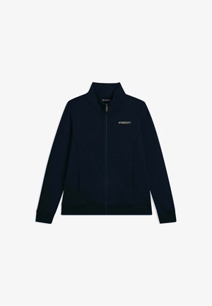 Giacca zip-up navy con colletto alto, realizzata in tessuto morbido. Presenta un logo dorato sul petto e polsini elasticizzati. Inclusi due taschini laterali.