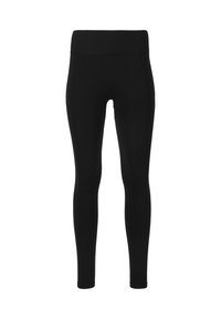 Schwarze Leggings aus dehnbarem, glattem Material, mit einem breiten, weichen Bund und einem figurbetonten, knöchellangen Design. Keine Muster oder Beschläge.