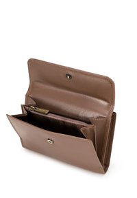 Brown leather wallet with a snap closure, featuring multiple compartments and a zippered section. Smooth texture with metallic accents.