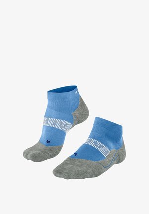 Set van lage sportsokken in blauw en grijs met wit patroon en "L" en "R" markeringen voor linker- en rechtervoet.