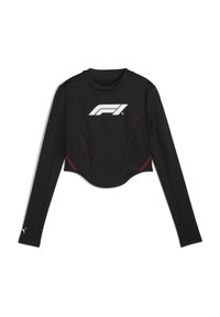 Zwarte langärmige cropped top van gladde stof, met een wit F1-logo aan de voorkant en rode accenten langs de naden.
