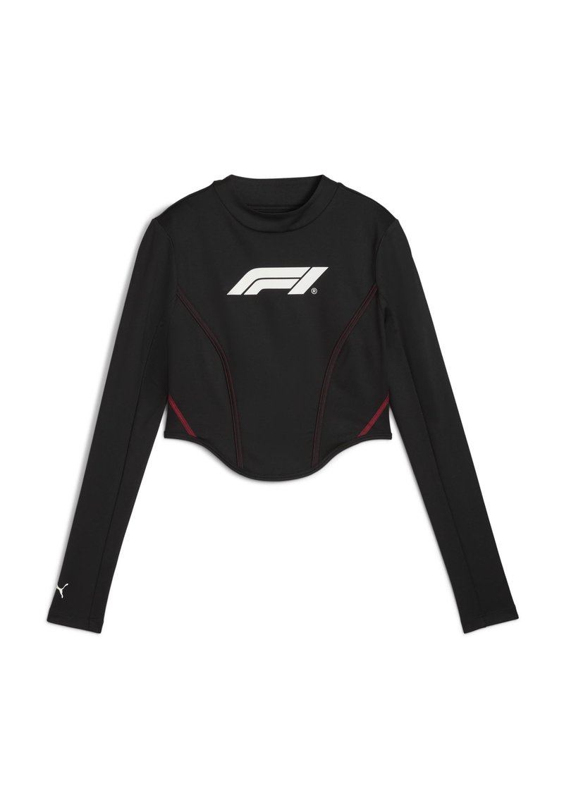 Zwarte langärmige cropped top van gladde stof, met een wit F1-logo aan de voorkant en rode accenten langs de naden.