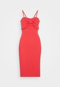 Vestido justo vermelho com detalhe em laço no busto, alças finas e uma silhueta elegante até ao joelho, feito de tecido elástico.