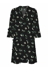 Svart klänning med v-ringning, trekvartsärmar och samlad midja. Har ett blommönster i rosa och grönt, med en avslappnad passform.