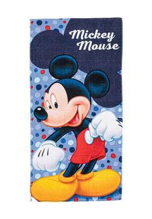 Personnage de dessin animé Mickey Mouse souriant, portant un short rouge, des chaussures jaunes et des gants blancs, avec un fond à pois bleus et le texte "Mickey Mouse".