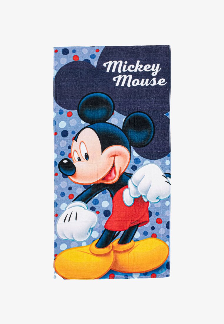 Personnage de dessin animé Mickey Mouse souriant, portant un short rouge, des chaussures jaunes et des gants blancs, avec un fond à pois bleus et le texte "Mickey Mouse".