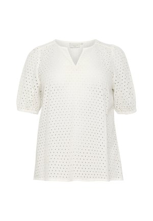 White short-sleeve top featuring a V-neck, textured fabric with small cutouts, and a relaxed fit with gathered sleeves.
