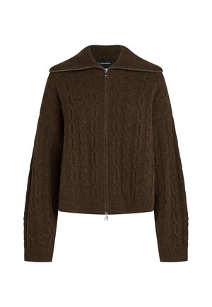 Brown knitted sweater with a cable pattern, zip closure, and a wide collar. Features ribbed cuffs and hem for a fitted look.