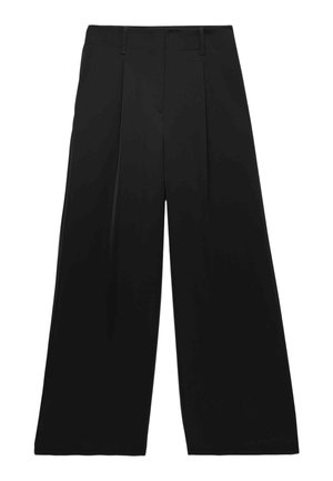 Zwarte pantalon met wijde pijpen en plooien aan de voorkant, gemaakt van een gladde stof, voorzien van ceintuurlussen en een strak ontwerp.