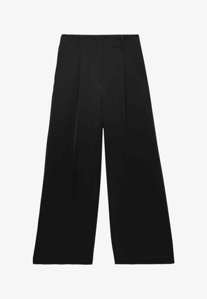 Pantaloni neri a gamba larga con pieghe sul davanti, realizzati in tessuto liscio, dotati di passanti per cintura e design dal taglio pulito.