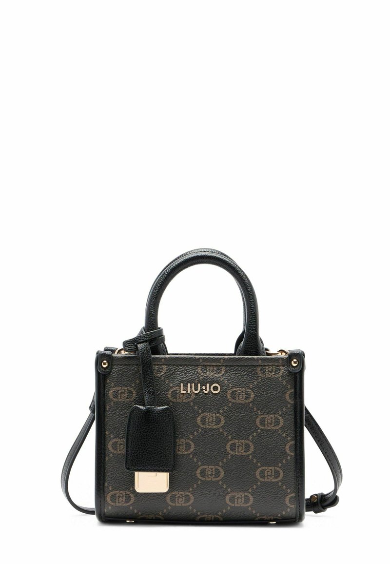 Kleine zwarte handtas met gouden accenten en "LIUJO" branding, met een afneembare schouderband en een decoratieve slotlabel.