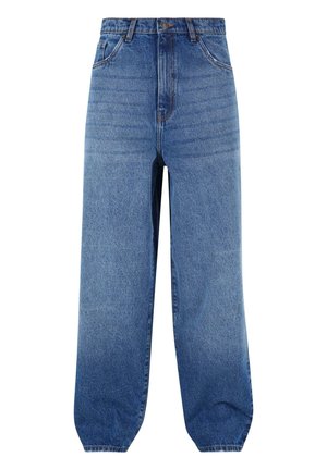 Lyseblå denimjeans med høj talje, løs pasform og snævre manchetter. Har fem lommer og diskret falmning langs fronten.
