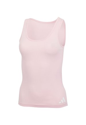 Hellrosa Tanktop aus glattem Stoff, mit Rundhalsausschnitt, ärmellosem Design und einem weißen Logo der Marke am Saum.