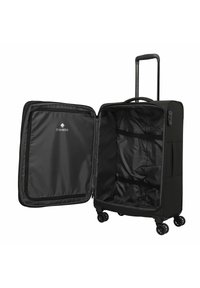 Schwarzer Koffer mit Hartschale, teleskopischem Griff, fünf Rädern und geräumigem Innenraum mit Netztaschen und Riemen zur Organisation.