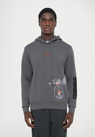 Gray hoodie made of soft fabric featuring a drawstring, red "ICEBERG" logo, and cartoon graphic on the front with "CHARLIE" embroidered on the sleeve.