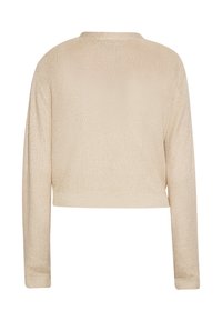 Maglione beige, corto, con maniche lunghe e un motivo di lavorazione a maglia testurizzato. Presenta un colletto rotondo e un orlo aderente.