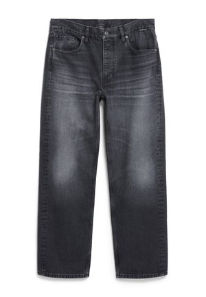 Dark gray denim jeans with a loose fit, five-pocket design, and subtle fading. Features a button closure and classic stitching details.