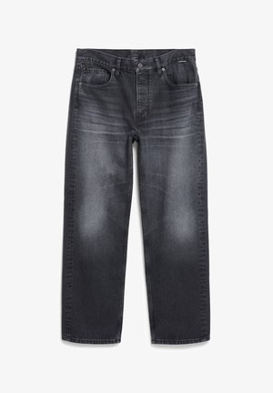 Donkergrijze denim jeans met een losse pasvorm, vijf zakken, en subtiele vervaging. Voorzien van een knoopsluiting en klassieke stikdetails.