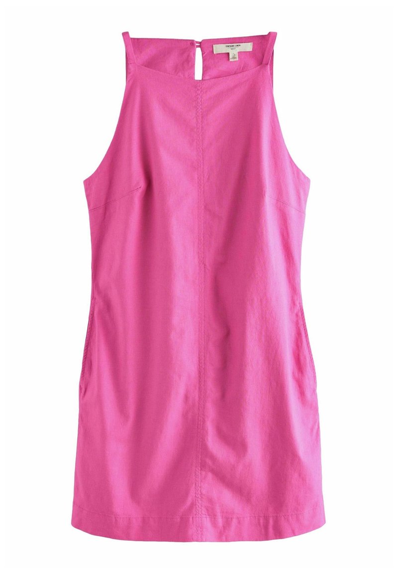 Robe en lin rose sans manches avec un col montant, une fermeture à boutons dans le dos et un ourlet droit.