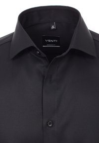 Black dress shirt with a modern fit, featuring a structured collar, smooth texture, and a single button placket. Label: VENTI.