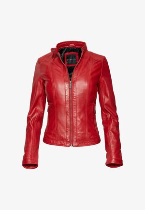 Giacca di pelle rossa con vestibilità slim, caratterizzata da un colletto alto, chiusura con zip e dettagli cuciti sottili sulle spalle e sui lati.